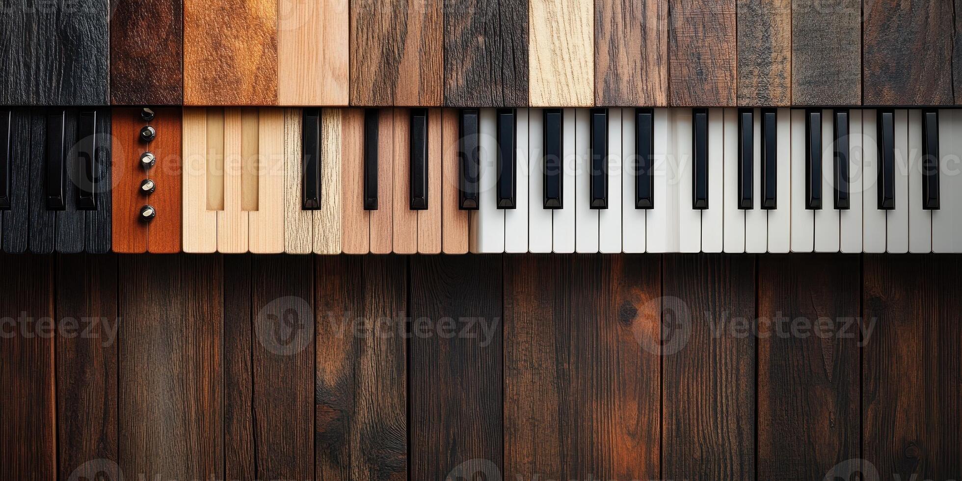 Wooden piano keys with wooden background showing musical expression photo