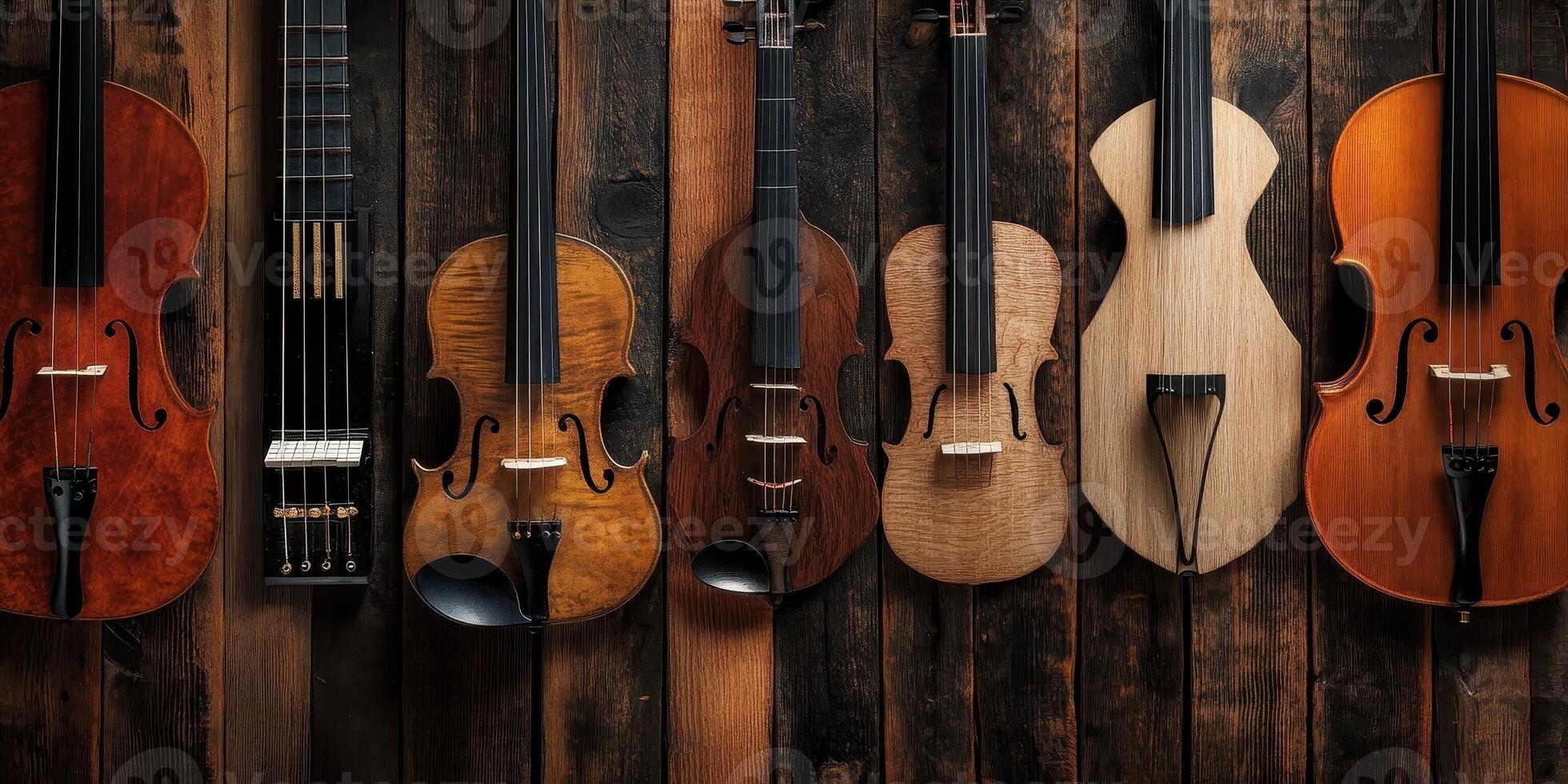 Various types of stringed instruments hanging on rustic wooden wall photo
