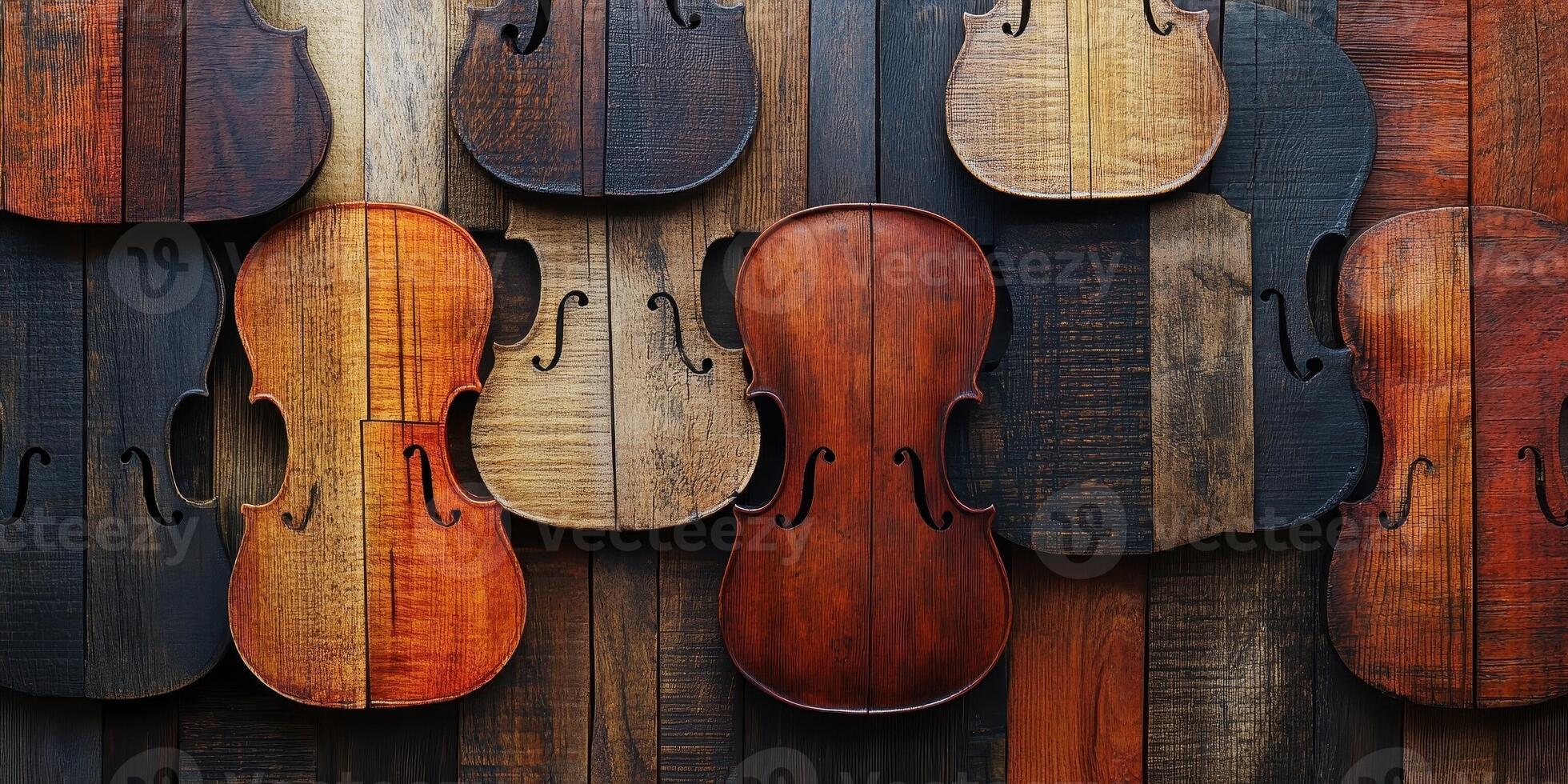Wooden violin shapes arranged on a textured wood paneling photo
