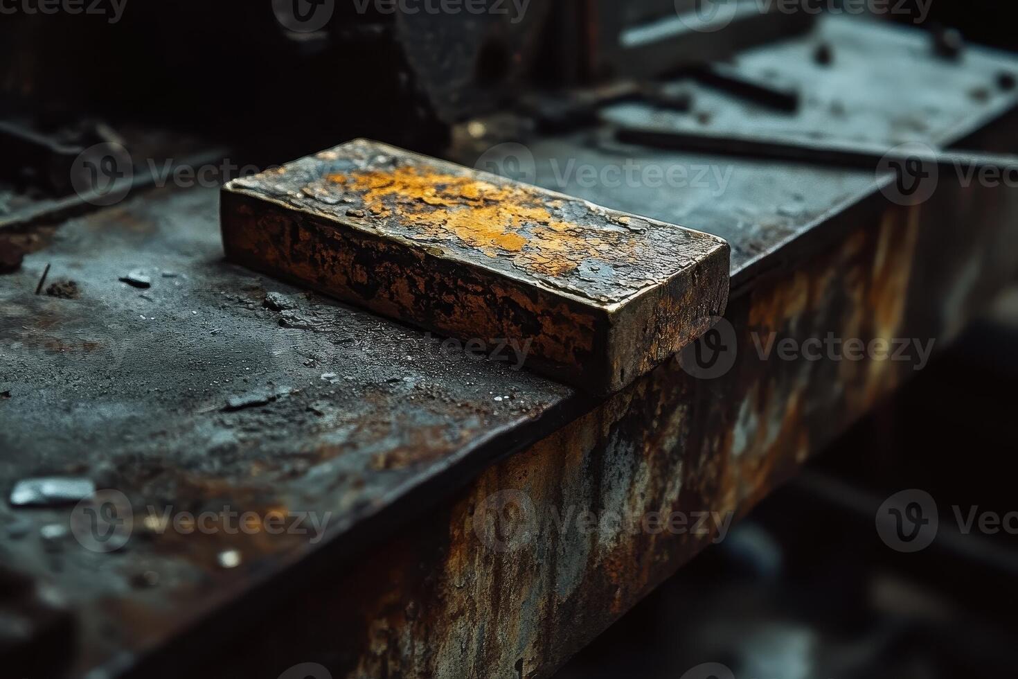 Rusty rectangular block sitting atop a weathered industrial metal surface photo