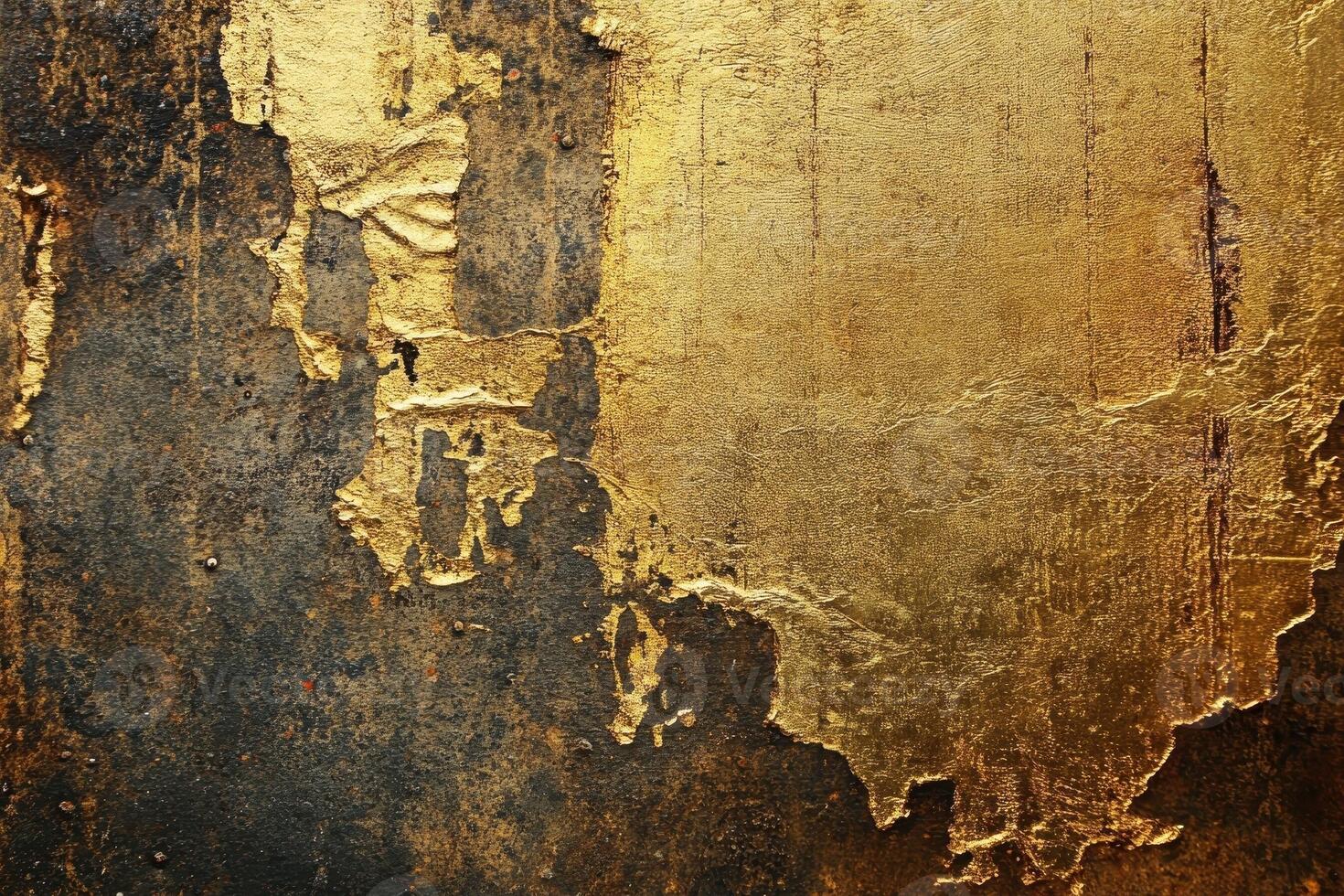 Golden texture partially peeled and cracked revealing dark layers photo