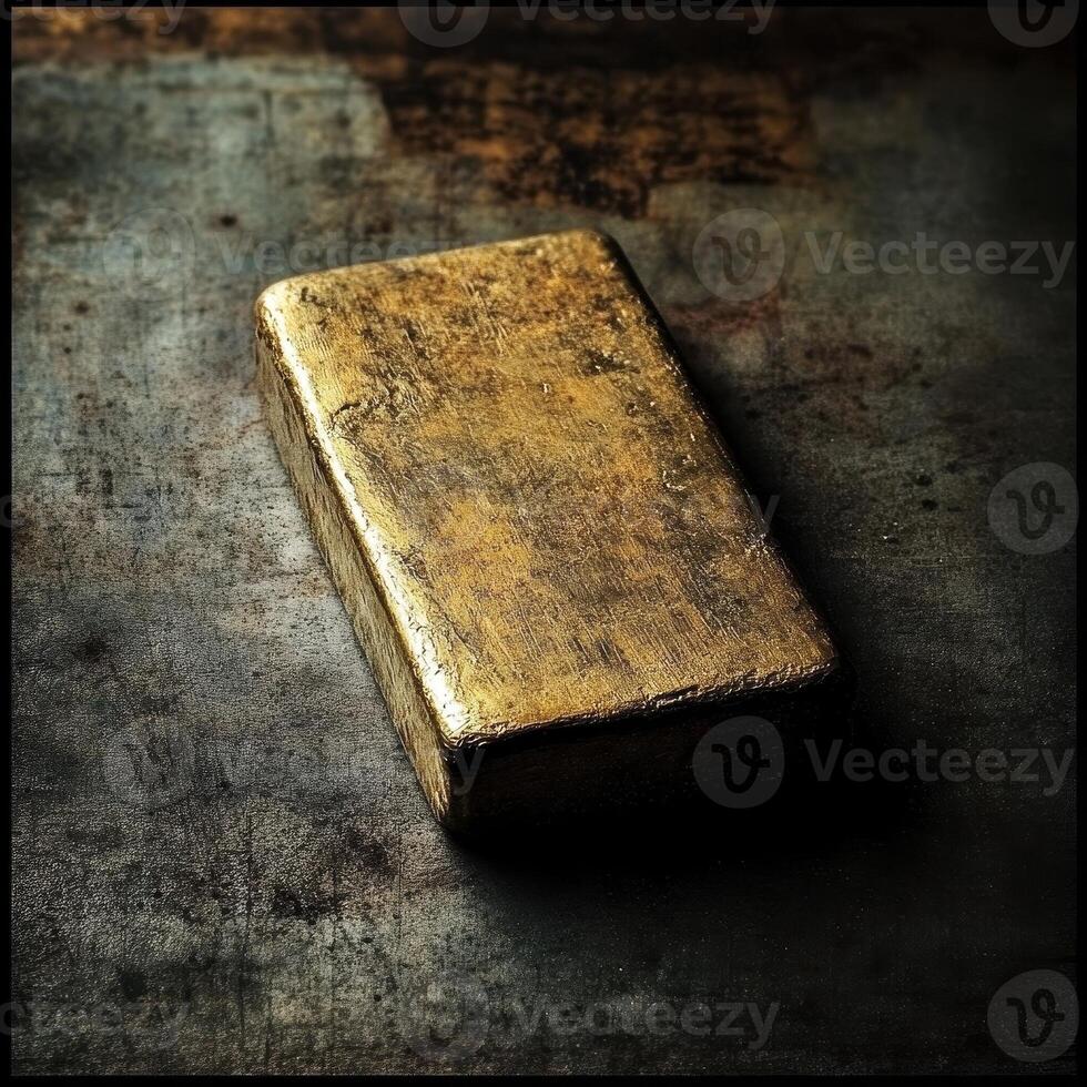 Rectangular golden bar resting on textured surface creating shadow photo