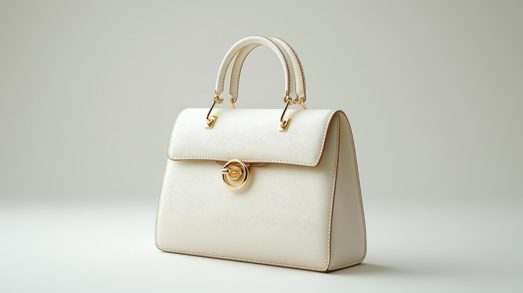 A white handbag with a gold handle photo