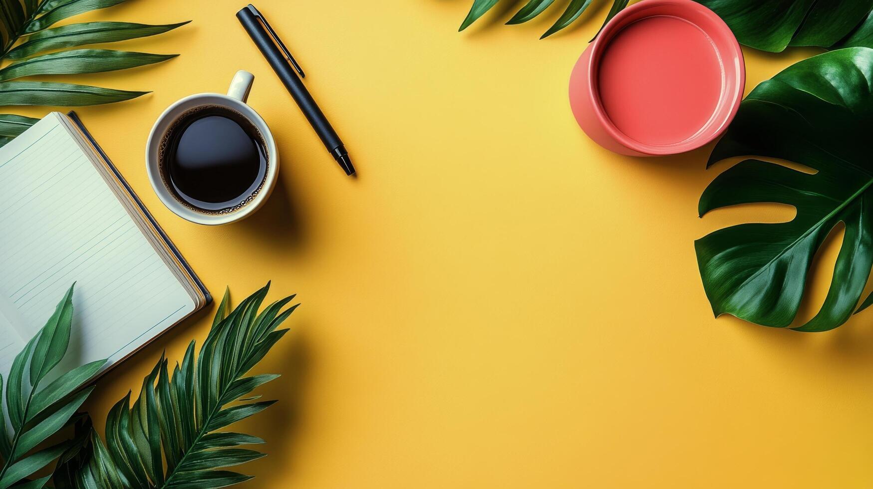 Tropical leaves and coffee cup on yellow background flat lay photo