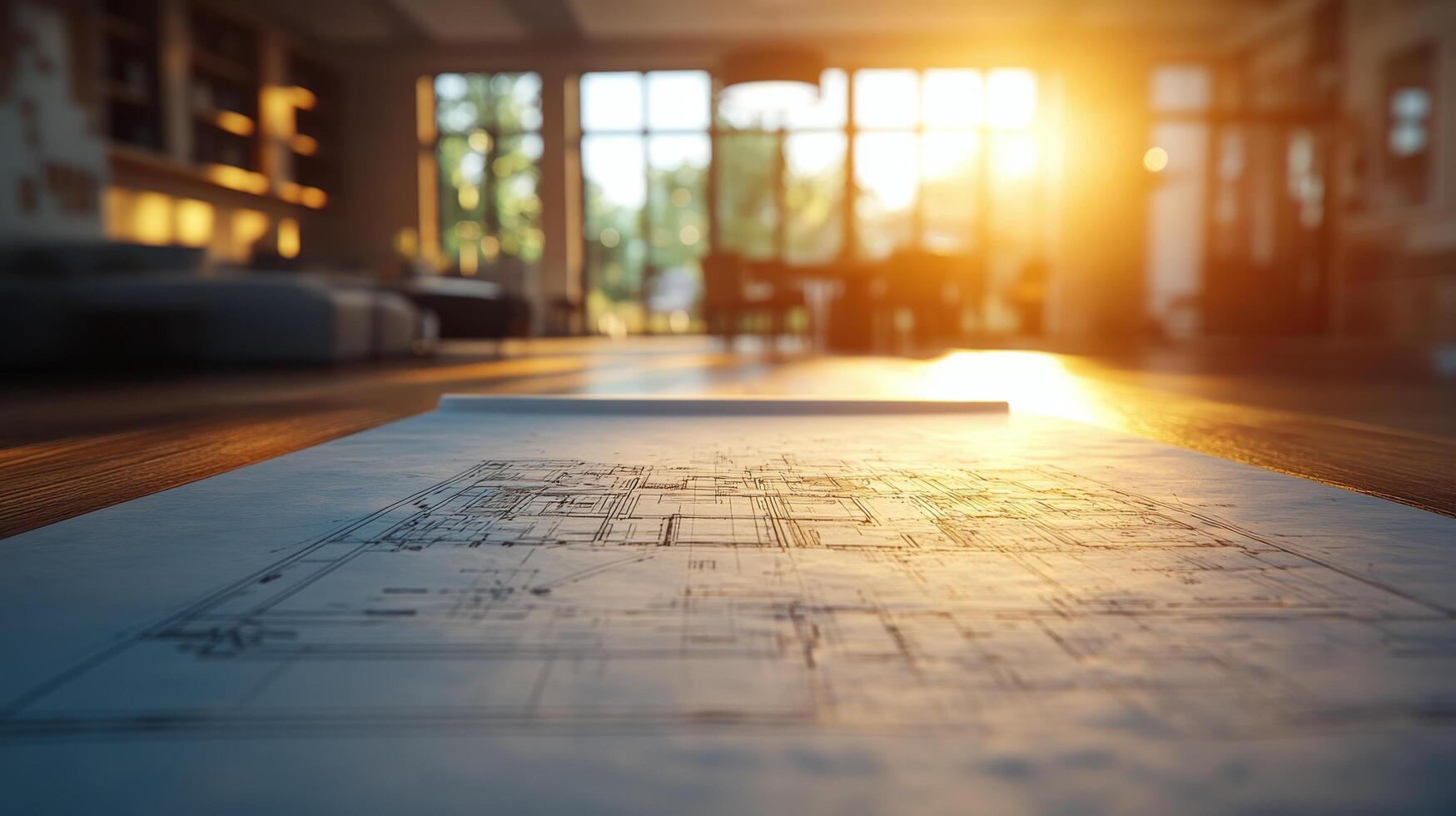 Architectural blueprint on a table in front of a window photo