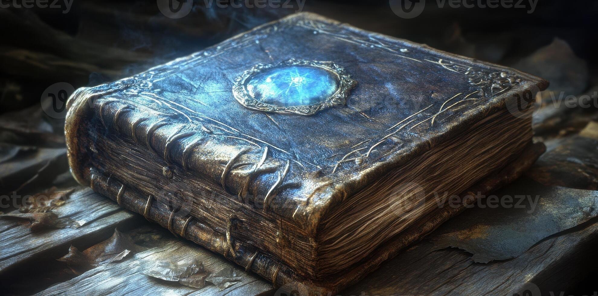 An ancient magical book rests upon a weathered stone surface photo