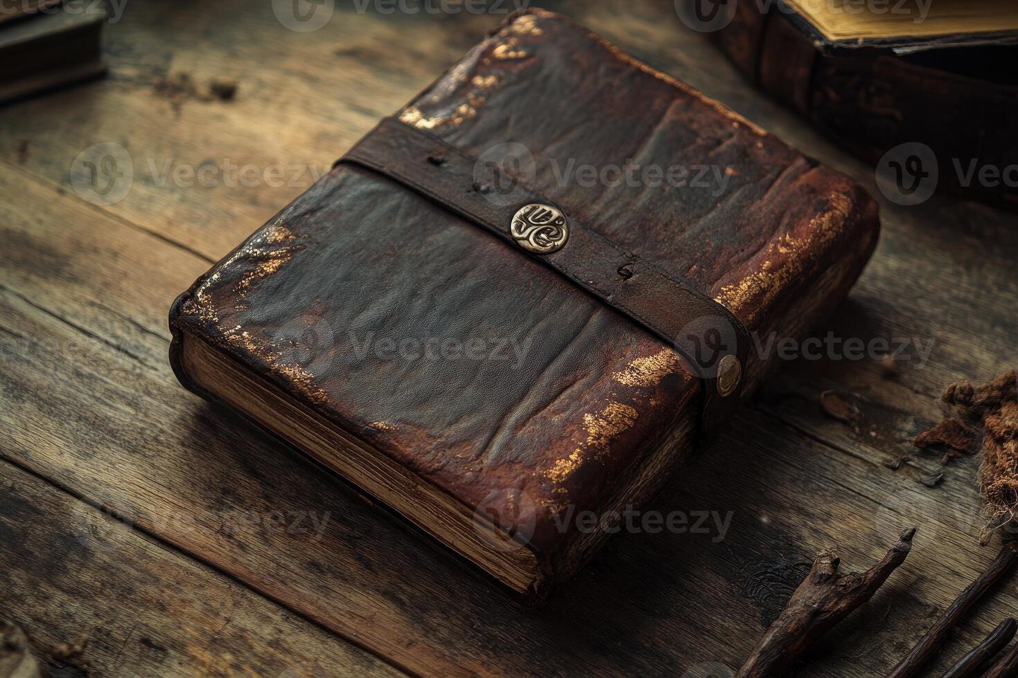 An old brown leather book with a clasp rests horizontally photo