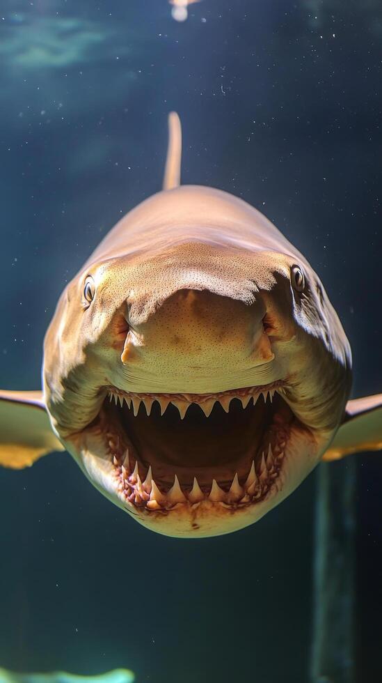 A shark with its mouth open and teeth showing photo