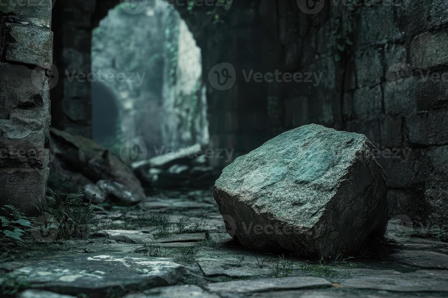 A large rock rests in a stone passageway entrance photo