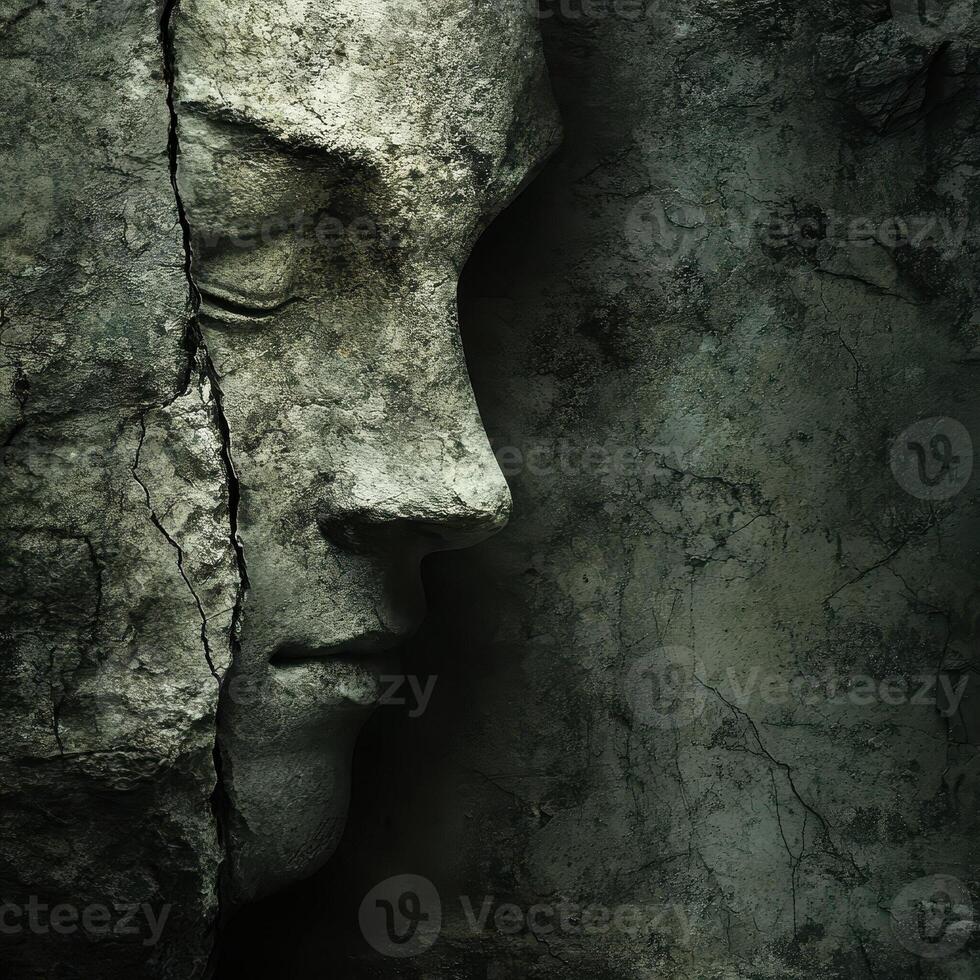 Stone face merges with fractured rock texture somber expression photo
