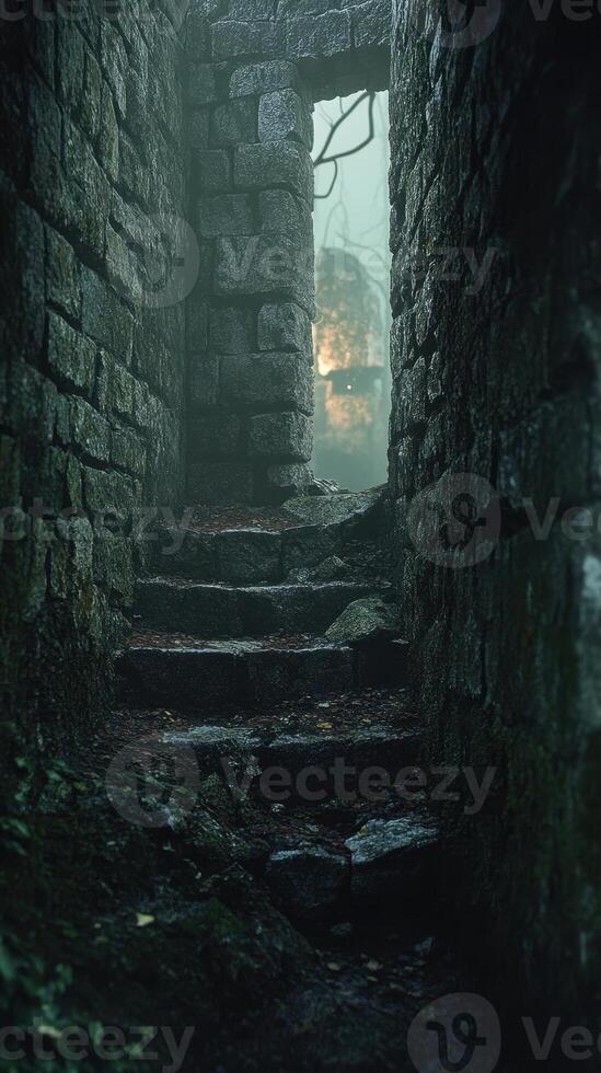 Stone steps lead to a foggy opening in the wall photo