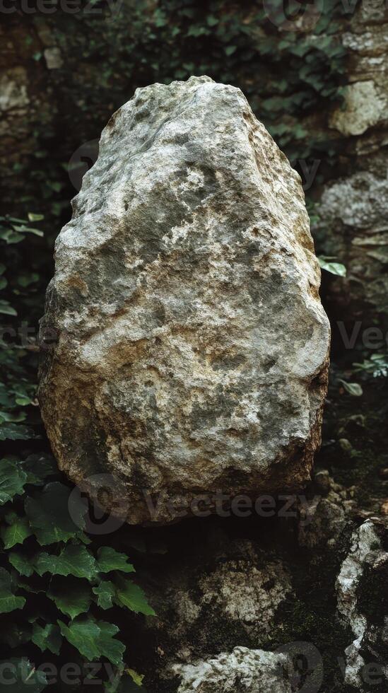 A large textured boulder rests against a mossy stone wall photo