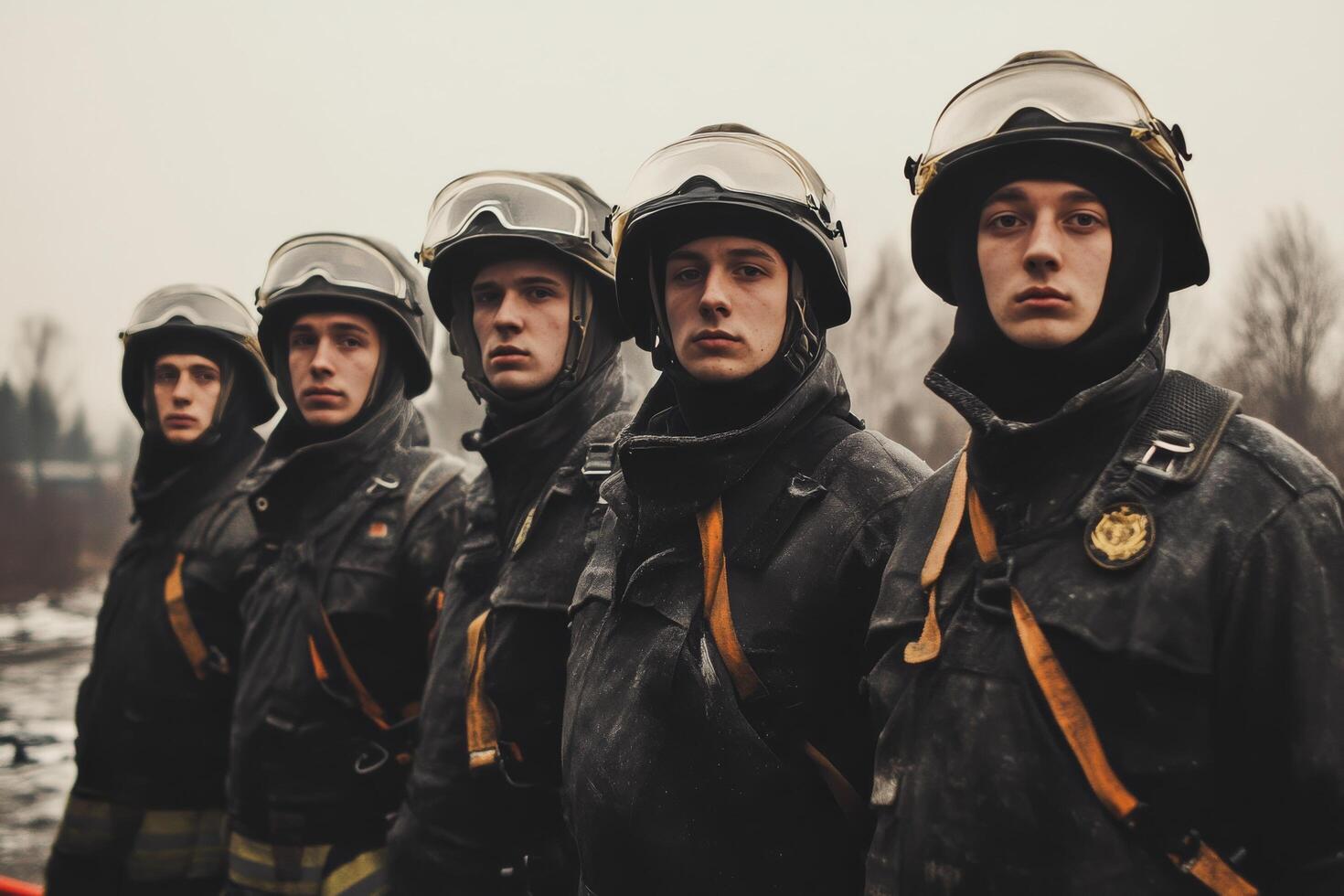 A group of firefighters standing in front of a fire photo