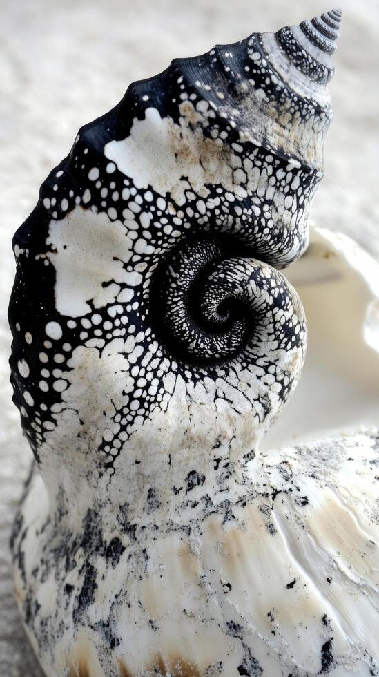A black and white shell with a spiral pattern photo