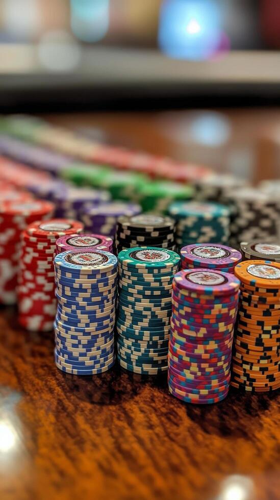 Poker chips on a table with a blurry background photo