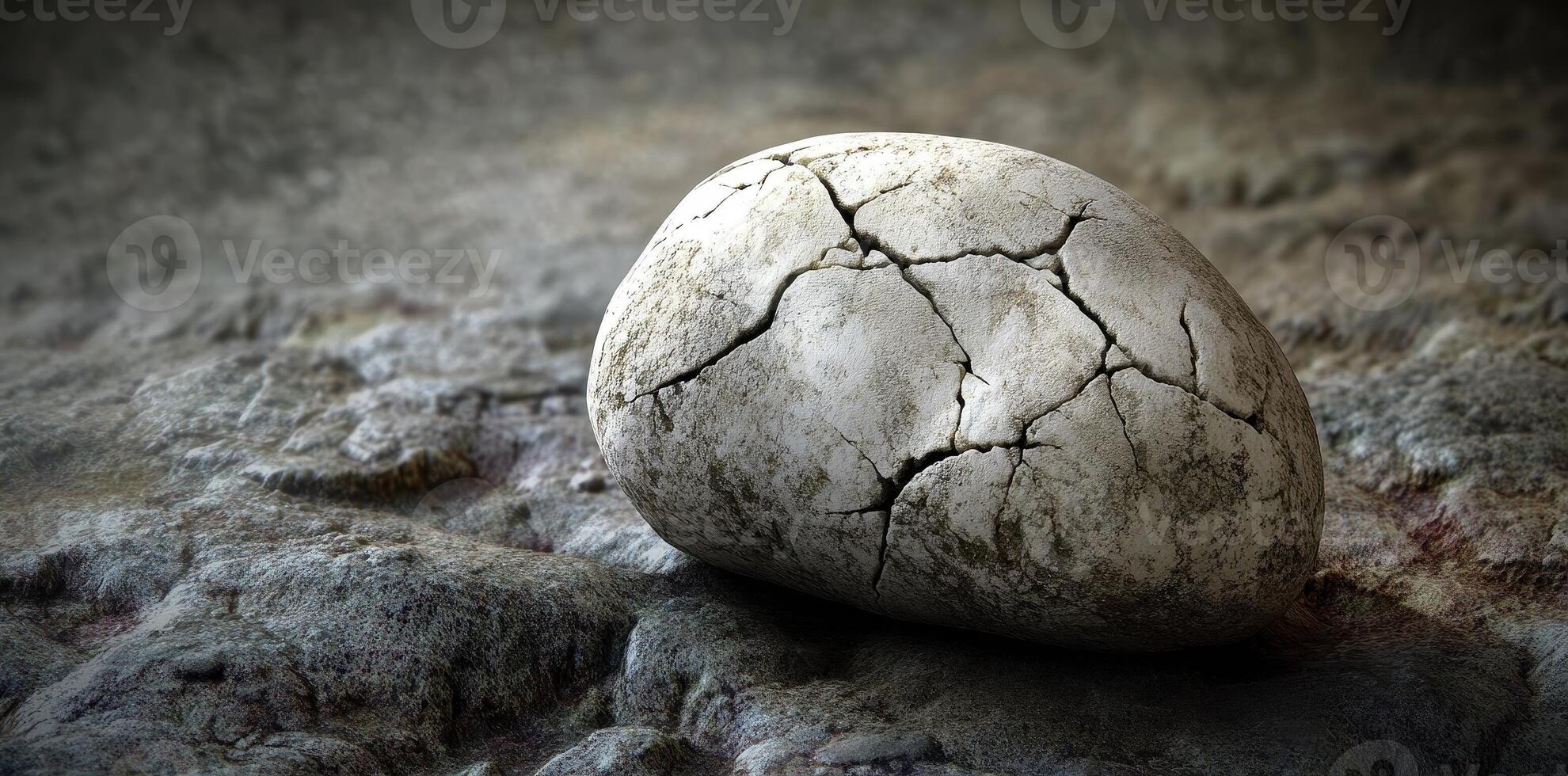A cracked and weathered stone rests on a rough surface photo
