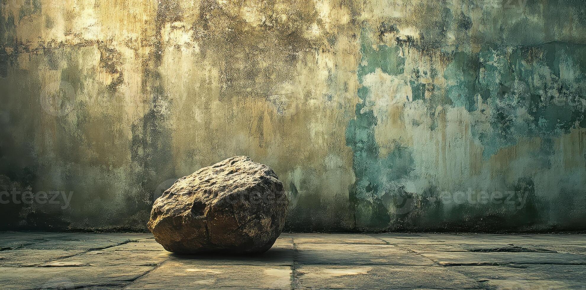 A large rock rests against a distressed weathered wall photo