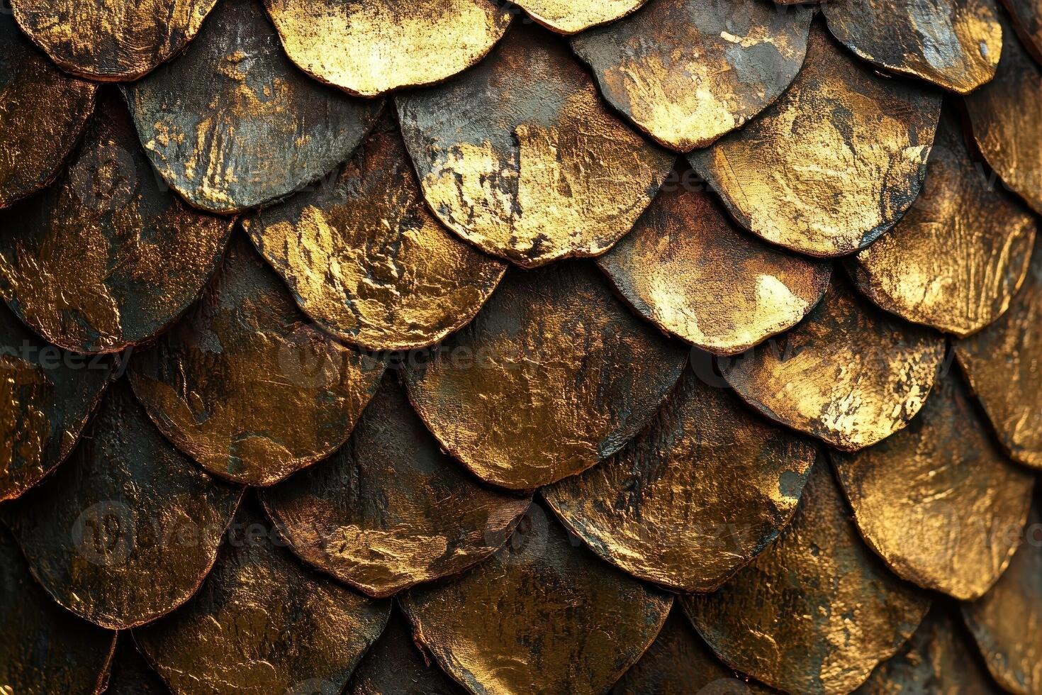 Golden scaly textured surface shows overlapping circular or oval patterns photo