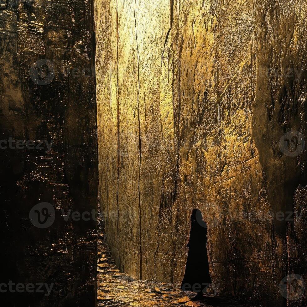 Silhouette stands amidst towering golden canyon walls bathed in light photo