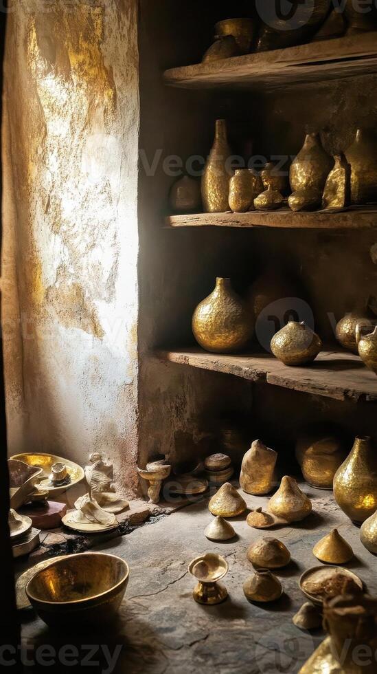 Glistening golden pottery is displayed on shelves and floor photo