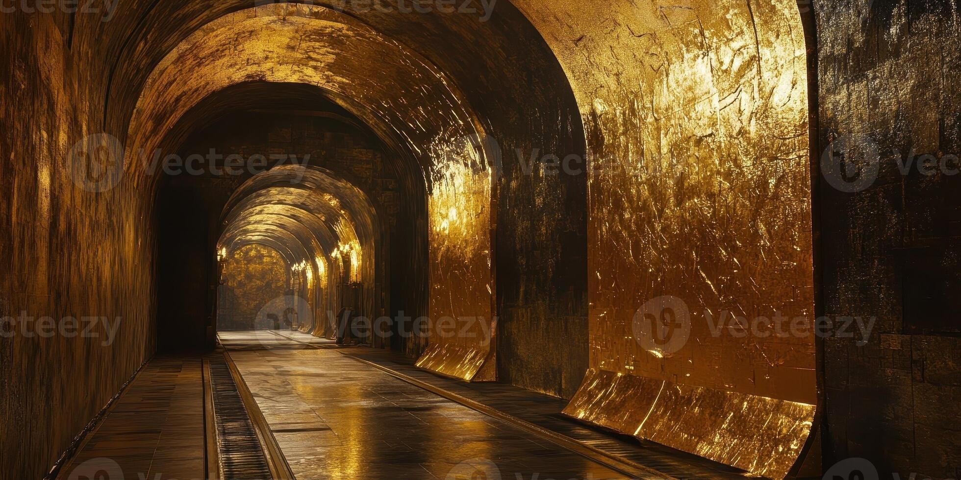 Long perspective of illuminated golden tunnel with tracks photo