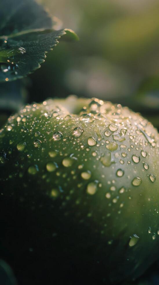 A green apple with water droplets on it photo
