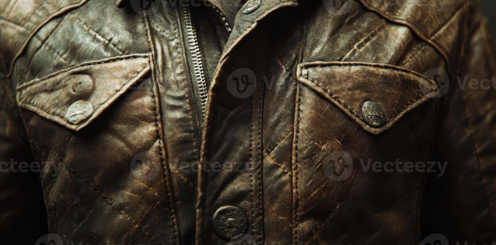 Distressed brown leather jacket with buttoned pockets and zipper photo