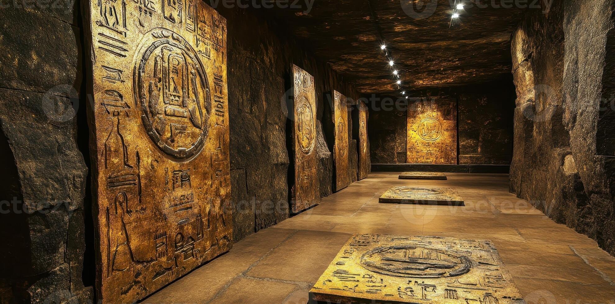 Egyptian tomb corridor with hieroglyphic tablets and stone architecture photo