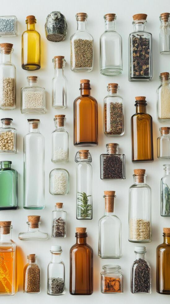 Various types of glass jars with different types of spices photo