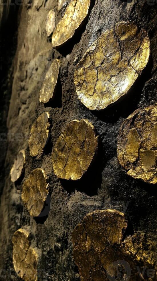 Golden pyrite inclusions within a dark stone matrix background photo