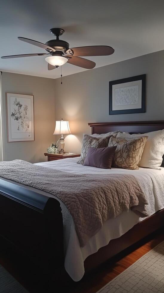 A bedroom with a large bed and a ceiling fan photo