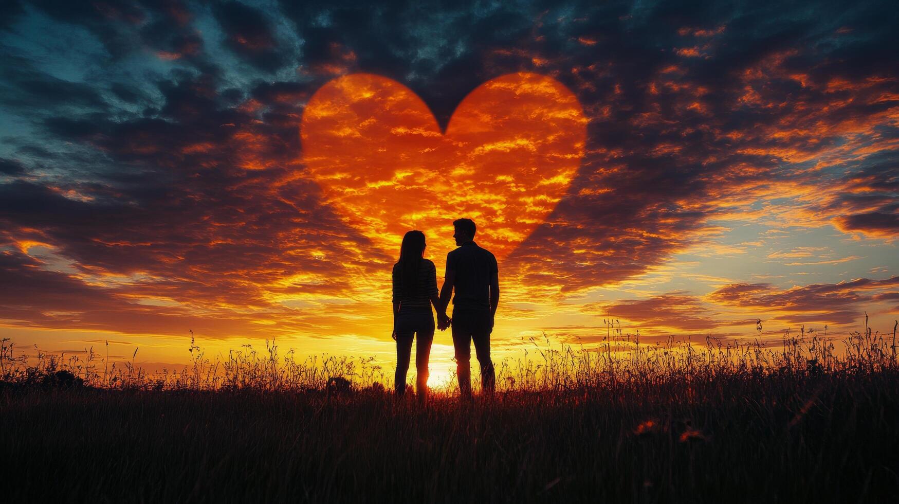 Two people standing in front of a heart shaped cloud photo