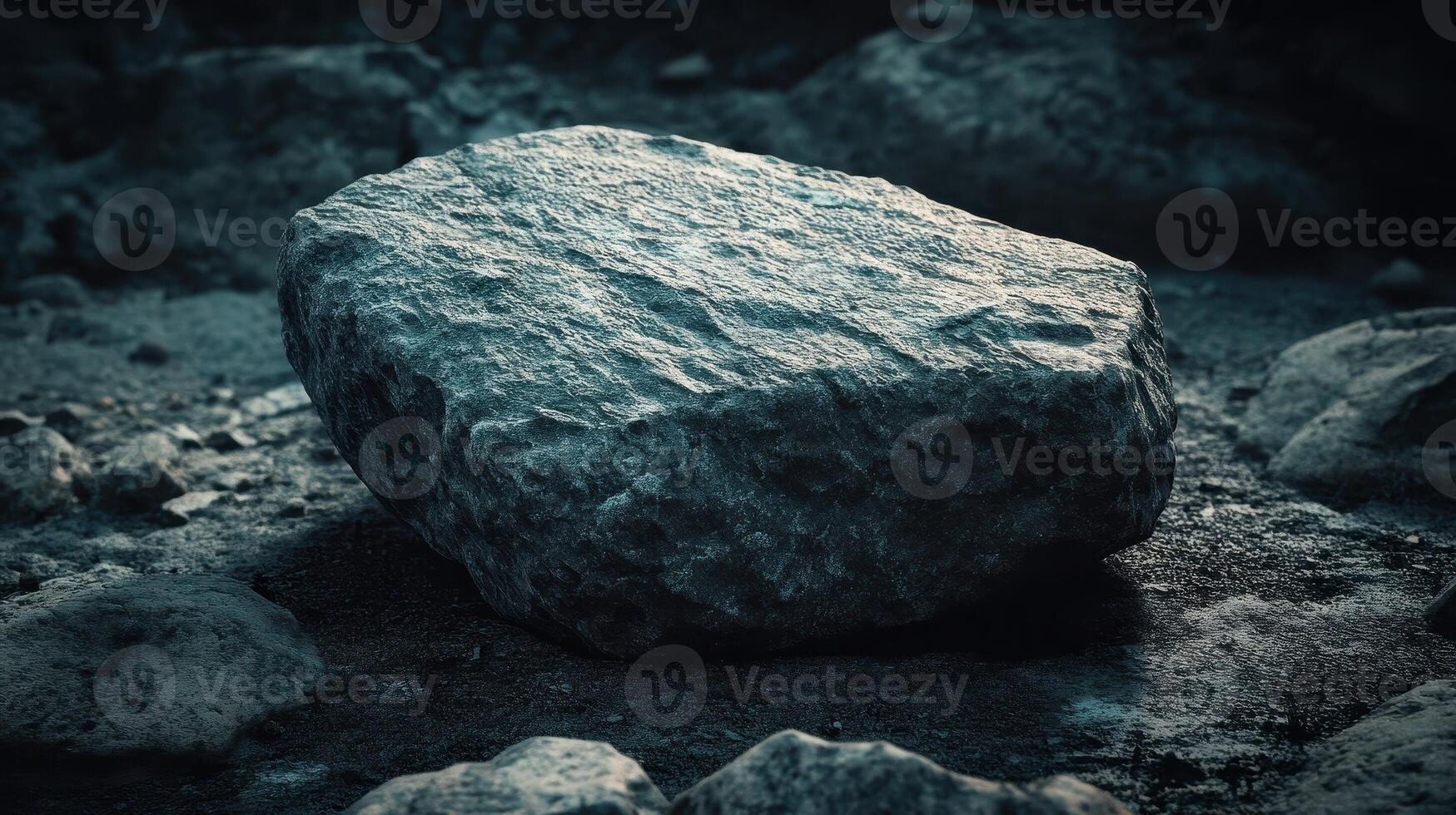 Large dark grey rock sits amongst smaller rocks on ground photo