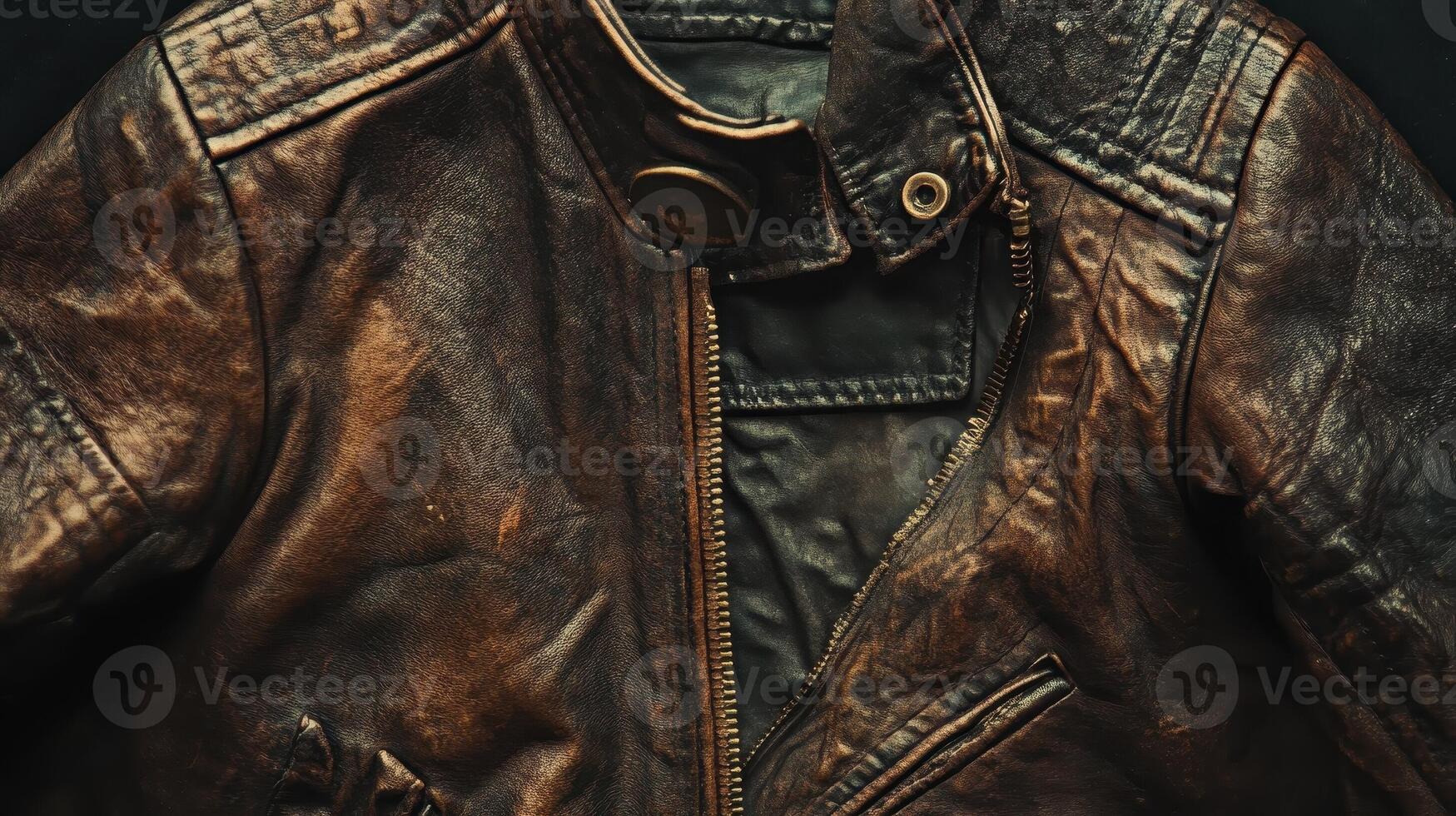 Close up shot of a worn brown leather jacket photo