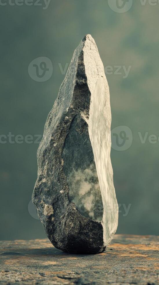 Single gray rock standing upright on a stone surface photo