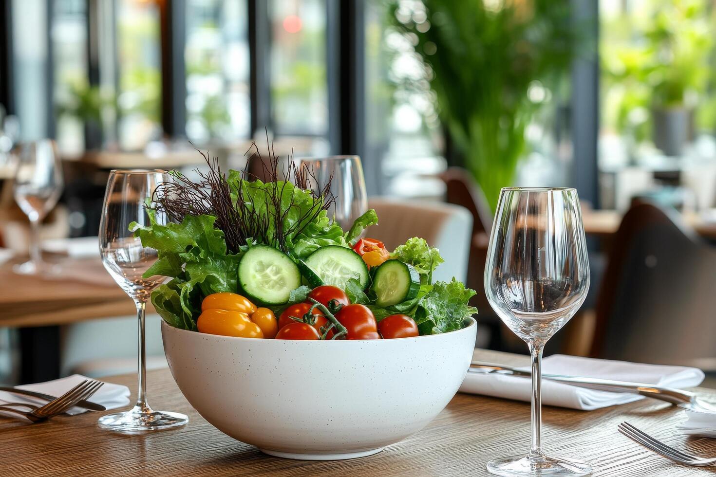 A bowl of salad with vegetables and wine glasses on a table photo