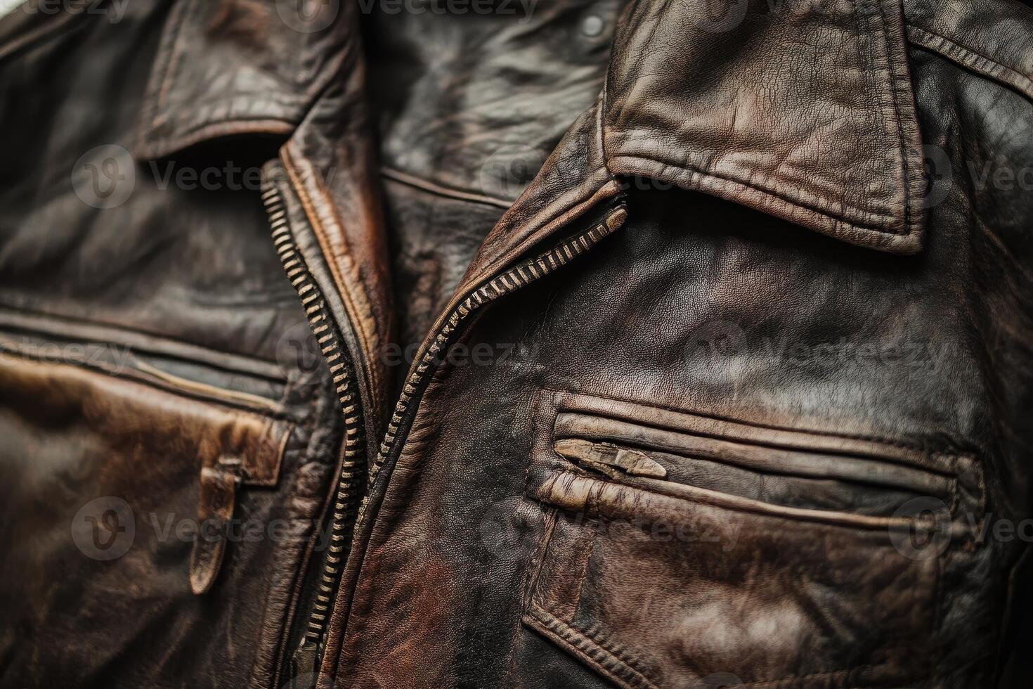 Close up shot of a worn leather jacket with zipper photo