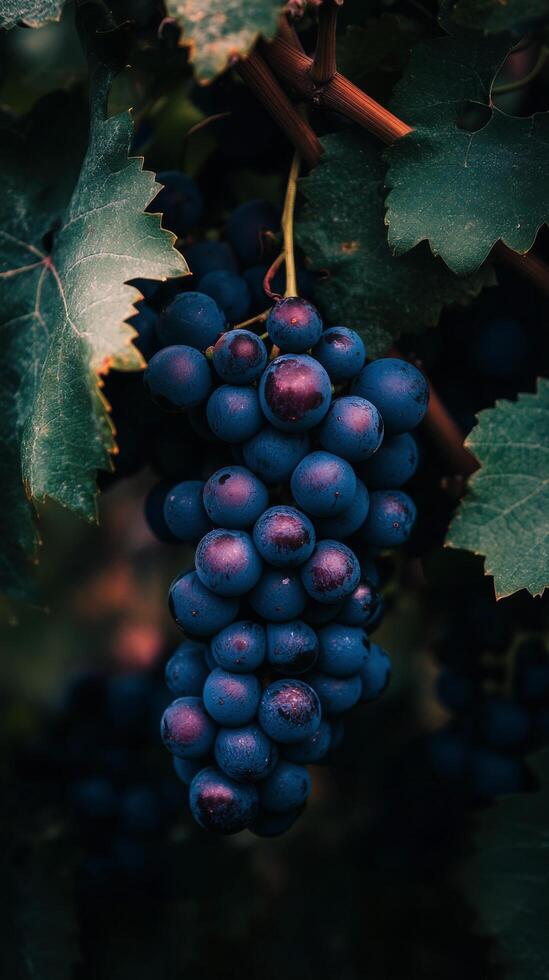 A bunch of grapes hanging on a vine photo
