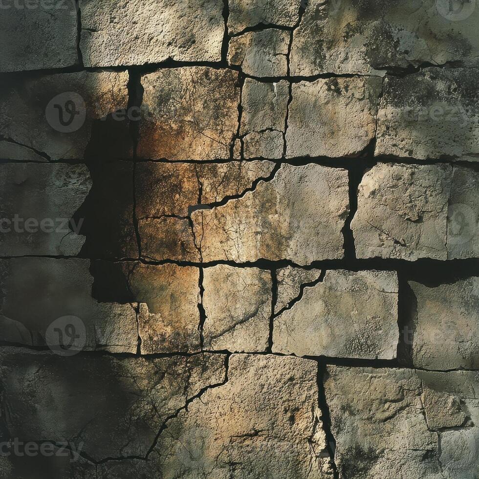 Profile silhouette embedded in weathered cracked stone block wall photo
