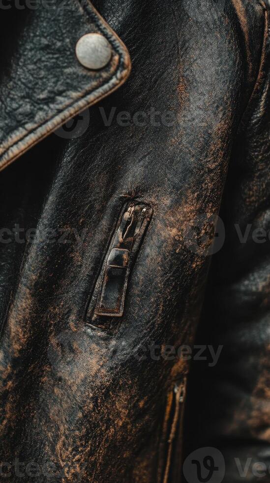 Close up showing worn leather jacket texture and zipper details photo