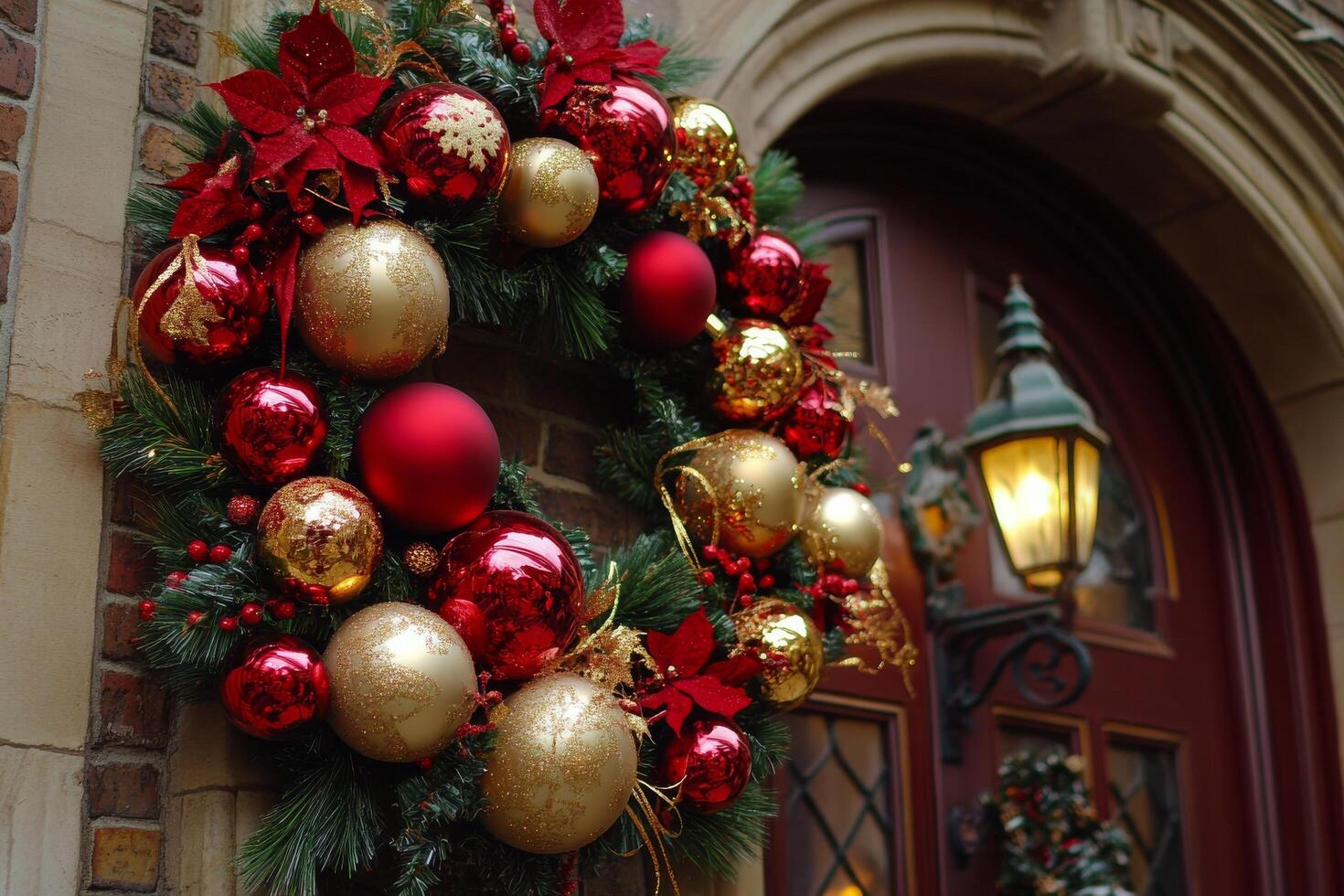 A wreath with ornaments on the front door photo