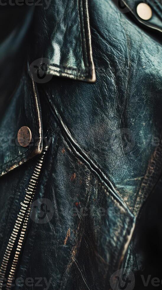 Close up of a worn leather jacket with zipper photo