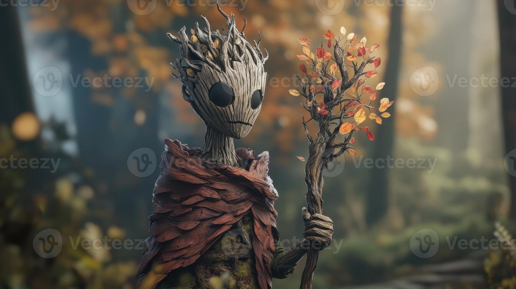 A wooden creature holds a branch with colorful leaves photo