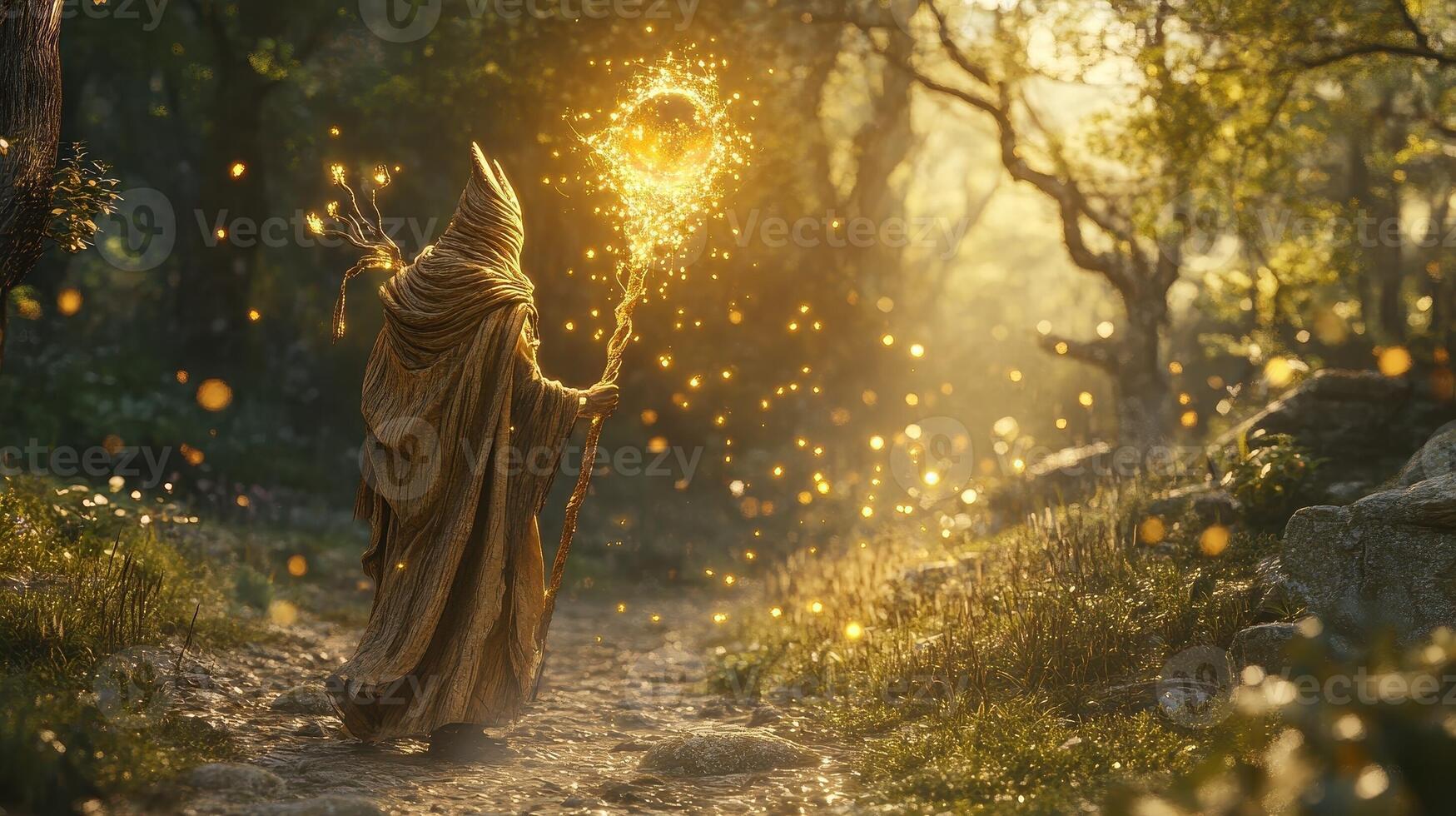 Wizard walking in a forest casting a golden spell photo