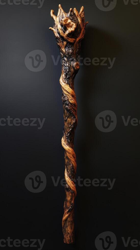 Elaborate wooden wizard staff with twisted vine and crown photo