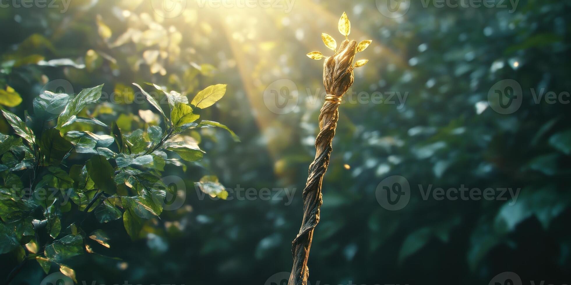 Intricate wooden staff with golden leaves in a sunlit forest photo
