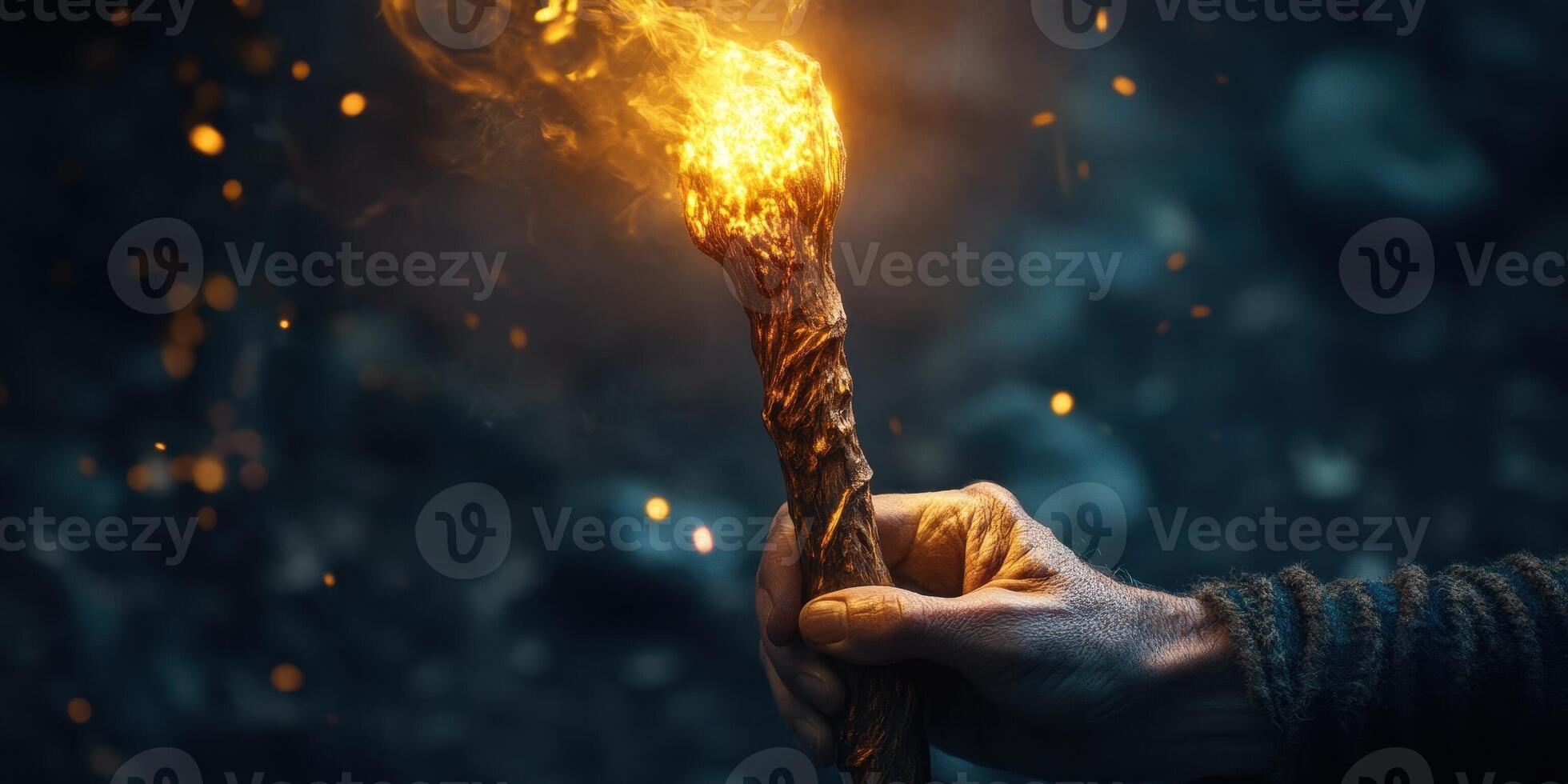Hand holds a flaming torch in the darkness brightly photo