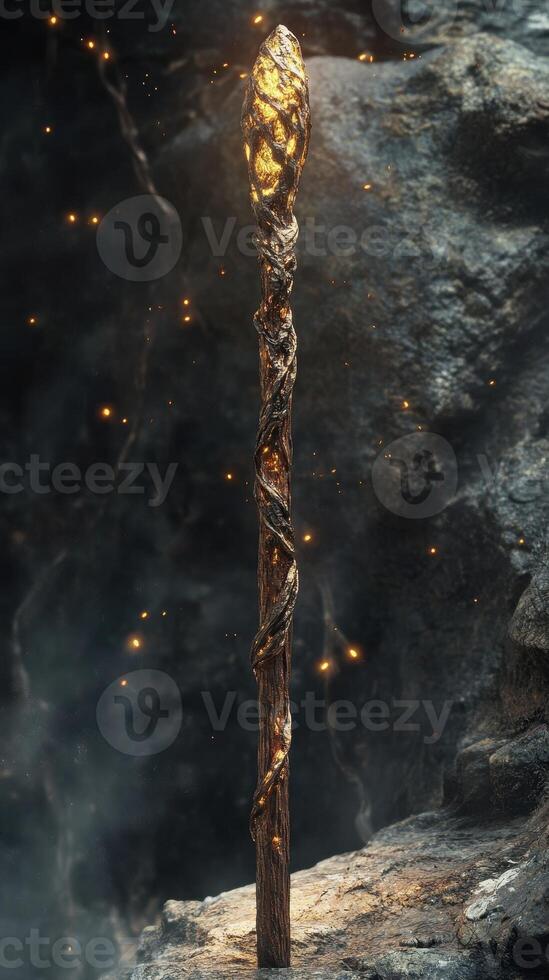 Glowing magic staff stands on stone against a blurred background photo