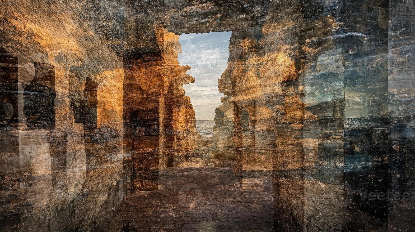 Eroded rock formation reveals ocean view through natural archway photo