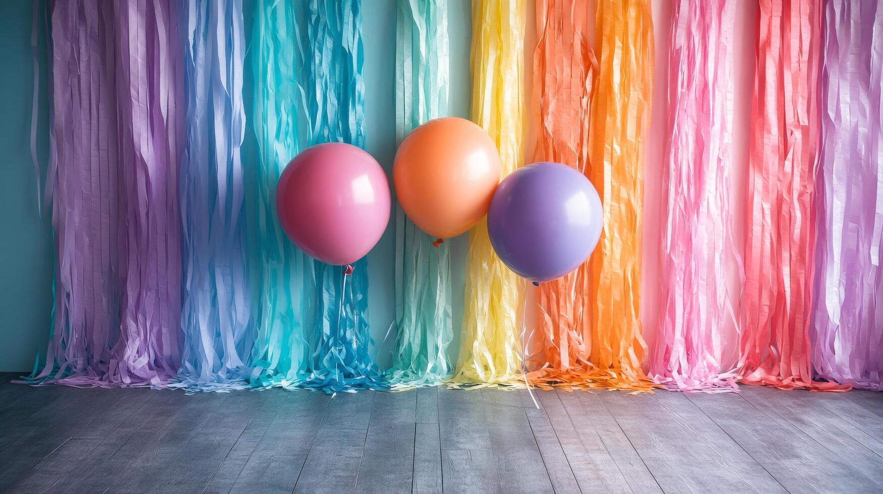 Three balloons and a rainbow streamer in front of a wall photo